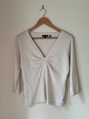 BCBG Max Azria Cream Silk Blend Top V Neck 3/4 Sleeve Stretch Minimalist